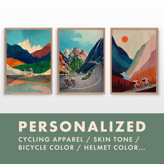 Cycling couple. Set of three personalized cycling art prints.