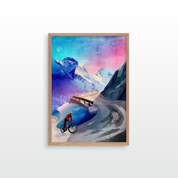 Cycling art print. Snow is in the mountains. Great gift for a cyclist.