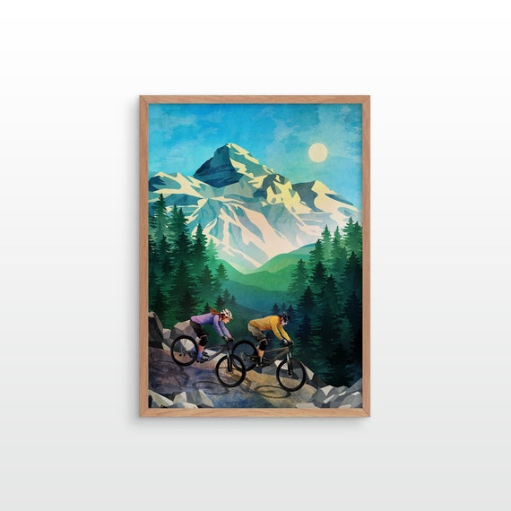 MTB couple fine art print. Descending high in the mountains.