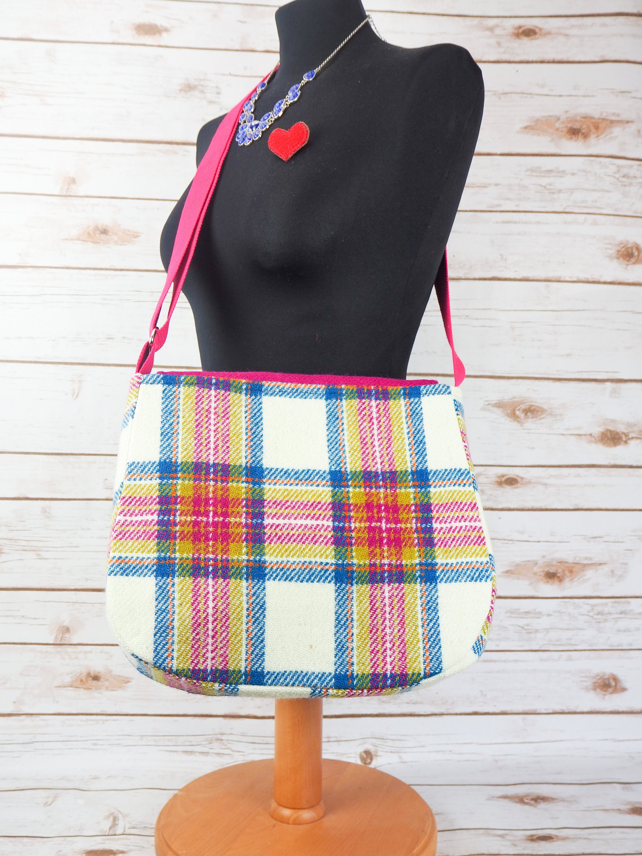 Myrtle - Pink Tartan Harris Tweed Bag with Cross Body Strap