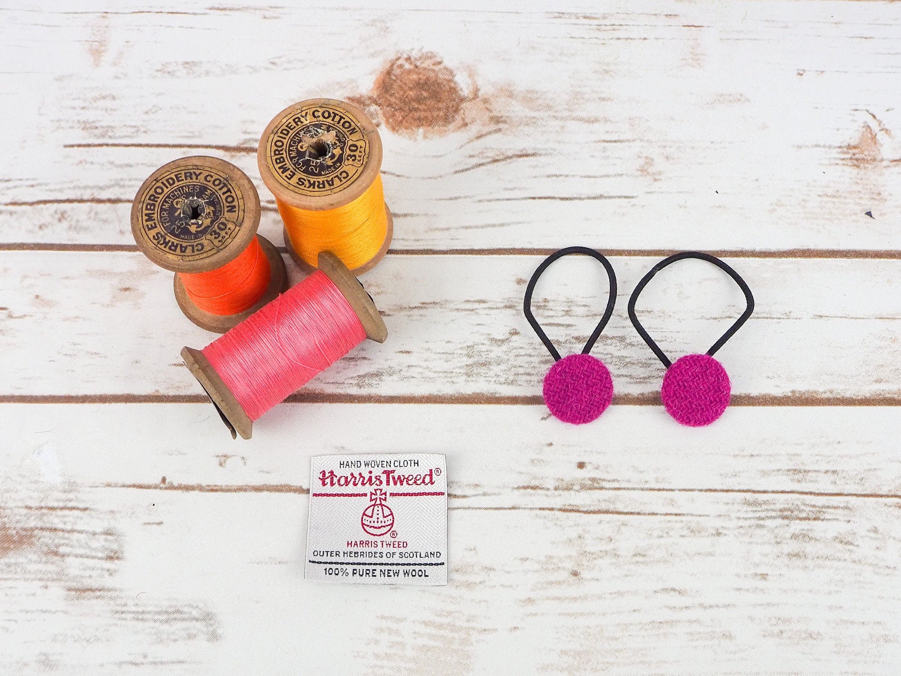 Pink Twill Harris Tweed Button Hair Bobbles
