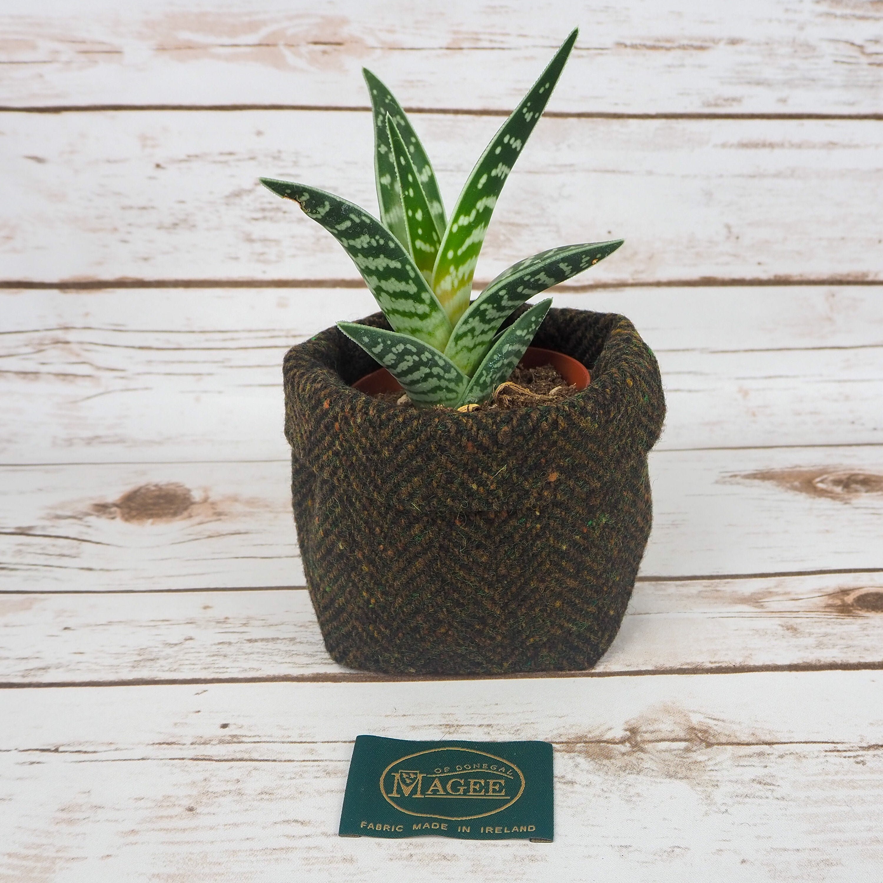 Small Fabric Pot in Dark Brown Herringbone Irish Donegal Tweed