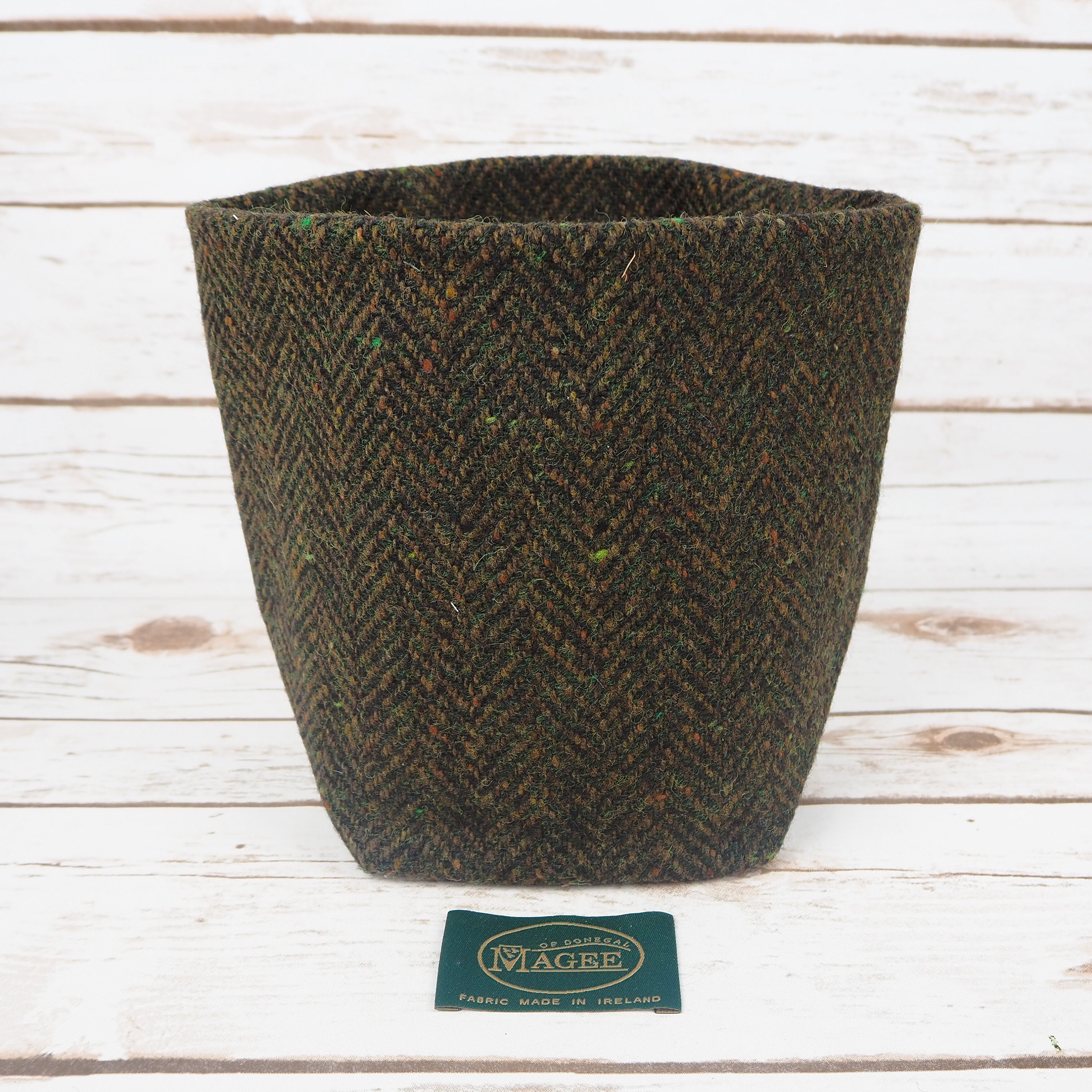 Medium Fabric Pot in Dark Brown Herringbone Irish Donegal Tweed