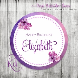 Púrpura acuarela primavera flores etiquetas/Cupcake Toppers - imprimibles