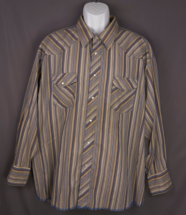 Earth tone Stripes Vintage 1990s XL Wrangler Mens Pearl Snap Western Long Sleeve Shirt