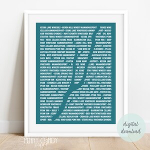 May include: A teal blue printable wall art design featuring a list of wineries in the Finger Lakes region of New York State. The text is white and includes the names of wineries, towns, and regions.