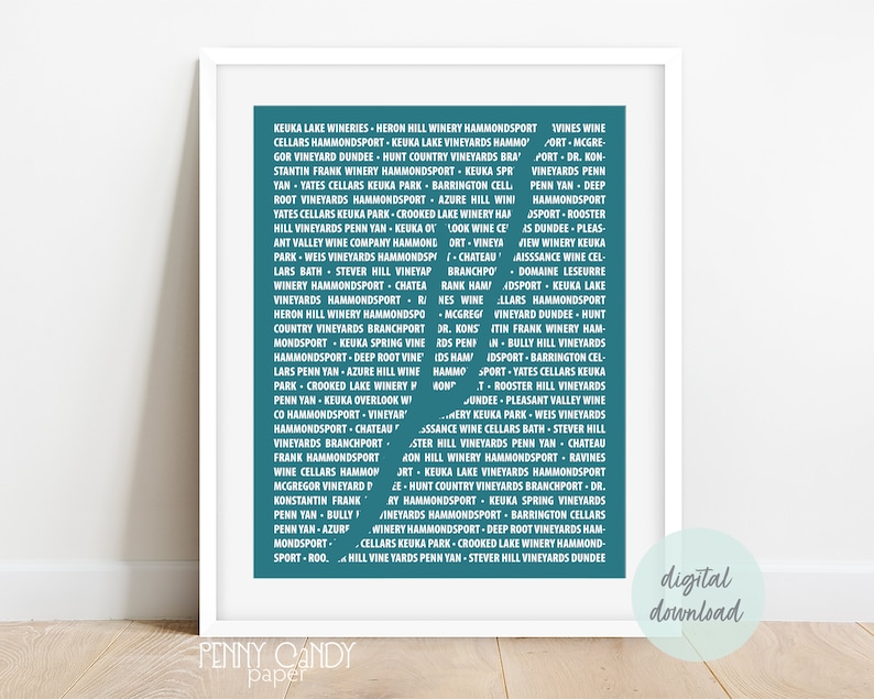 May include: A teal blue printable wall art design featuring a list of wineries in the Finger Lakes region of New York State. The text is white and includes the names of wineries, towns, and regions.