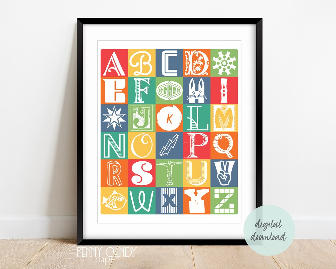 Kids Alphabet Poster, ABC Poster Printable, Colorful Playroom Art, ABC