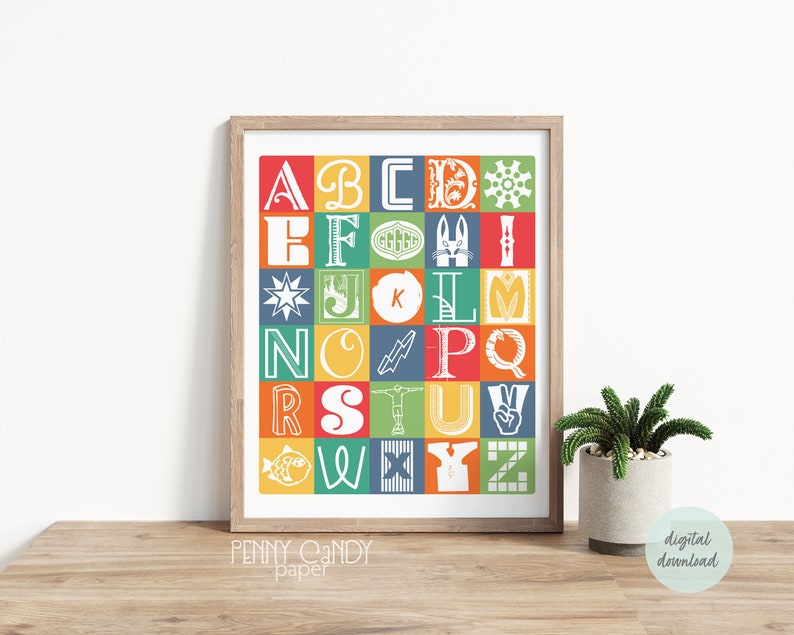 Kids Alphabet Poster, ABC Poster Printable, Colorful Playroom Art, ABC
