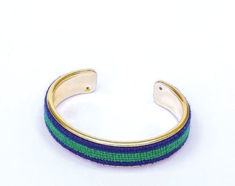 Custom Needlepoint Bracelet in Stripes, Personalized 1/2 inch Gold Plated Cuff, Choose your Colors, Shown in Navy and Green
