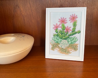 Cactus succulent flower garden cross-stitch, framed 5 x 7 picture