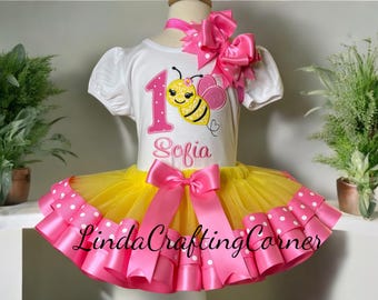 Bumble Bee Birthday Ribbon Tutu: Yellow & Pink Polka Dot Ribbon