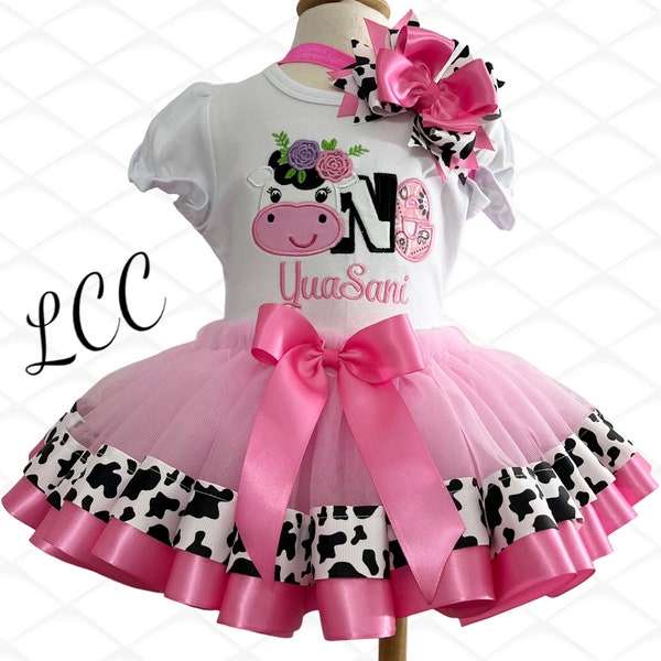 Birthday Cow ONE or TWO Ribbon Tutu/Pink Satin & Cow Print Ribbon/Tutu Personalized Top and Hairbow