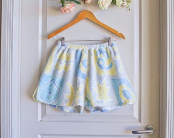 Yellow Blue Vintage Boho Terry Towel Shorts | Upcycled Clothing Fashion | Reworked Beach Cover Up