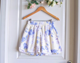 Periwinkle  Blue Floral Light Yellow Vintage Towel Shorts | Upcycled Reworked Terry Towel Beachwear