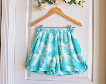 Botanical Teal Aqua White Vintage Towel Shorts | Upcycled Terry Cloth Vacation Wear | Bohemian Beachwear