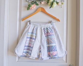 Pastel Geometric Aztec Print Vintage Terry Cloth Shorts | Upcycled Towel Beachwear | Sustainable Handmade Fashion