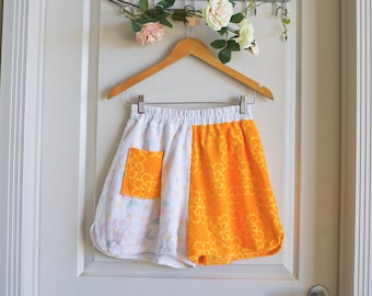 Yellow Orange White Floral Print Vintage Towel Shorts | Retro Beachwear | Sustainable Handmade Fashion