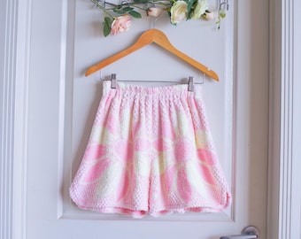 Upcycled Terry Towel Shorts | Pink Yellow Daisy, Vintage Beachwear