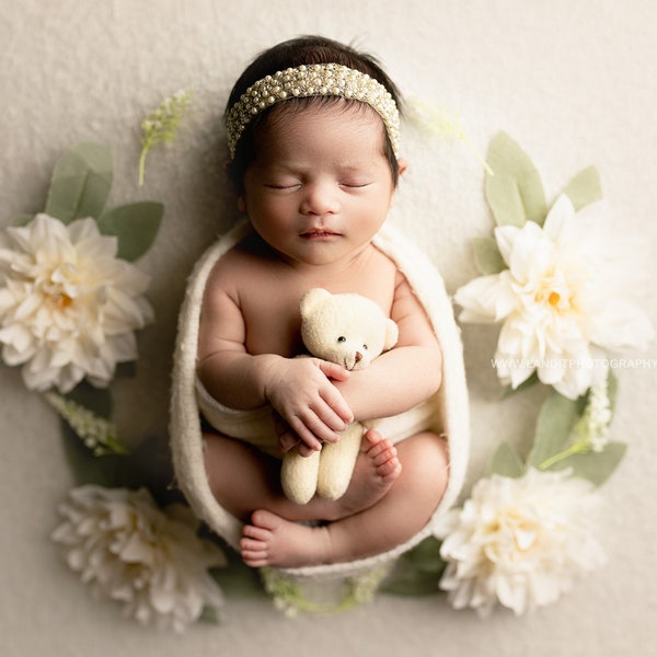 Ivory Cream White Pearl Baby Girl Newborn Beaded Flower Headband Tieback Photography Props Christening Floral Crown Boho Vintage