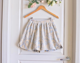 Greyish Blue Beige Paisley Design Vintage Towel Shorts | Upcycled Terry Cloth Beach Cover Up