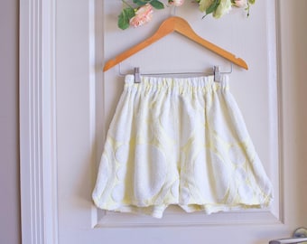 Cream Vanilla Abstract Reworked Terry Towel Shorts | Upcycled Terry Cloth Clothing , Beach Cover Up