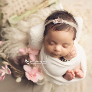 Newborn Girl Boho Vintage  Neutral Headband Tieback Photography Props  Newborn  Silver Pearl Rhinestone Tieback Newborn