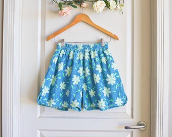 Teal Turquoise Blue Pale Cream Yellow Daisies Vintage Towel Shorts | Recycled Terry Cloth Beachwear