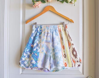 Unique Patchwork Multicoloured Vintage Towel Shorts | Upcycled Terry Towel Beachwear | Beach Cover Up