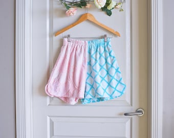 Boho Chic Vintage Towel Shorts | Upcycled Pink Turquoise Aqua Blue Clothing | Retro Beachwear
