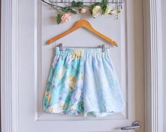 Aqua Teal Pale Yellow Vintage Towel Shorts | Retro Floral Beachwear | Sustainable Handmade Beach Clothing