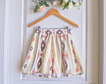 Aztec Tribal-Inspired Pattern Vintage Towel Shorts | Upcycled Olive Green, Mustard Yellow  Burnt Orange Beachwear