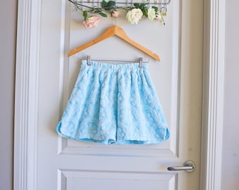 Capri Blue Reworked Terry  Shorts | Boho Chic Beachwear | Vintage Towel Shorts | Beach Cover Up