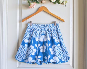 Blue Floral Vintage Towel Shorts, Retro Handmade Terry Cloth Beachwear, Reworked Beach Cover Up