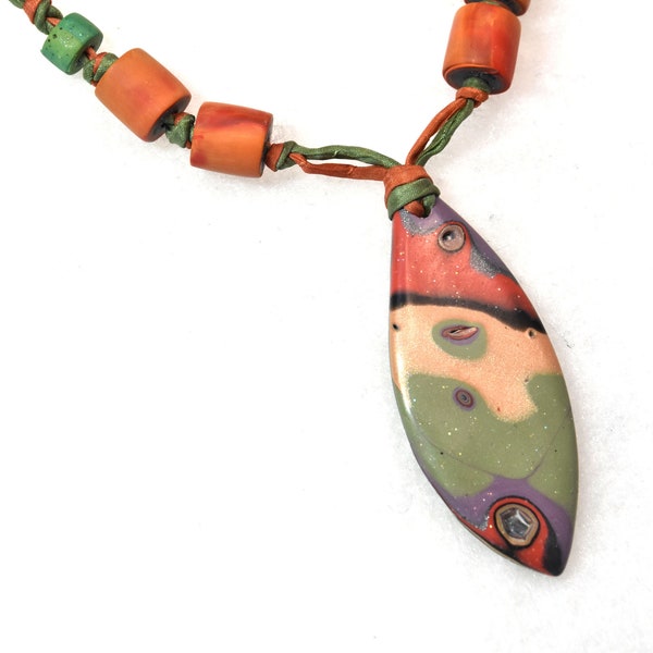 Pendant Necklace; Mokume Gane; Polymer Clay Beads;