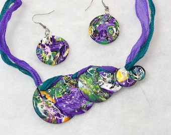 Mardi Gras Jewelry Set; Pendant Necklace and Earrings; Polymer Clay