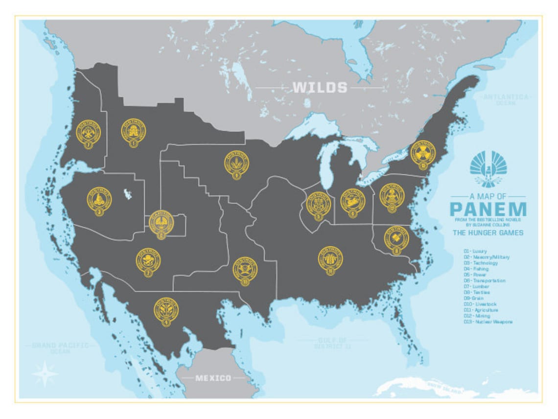 Panem Map Hunger Games Panem District Map 12x16 Art Print Etsy