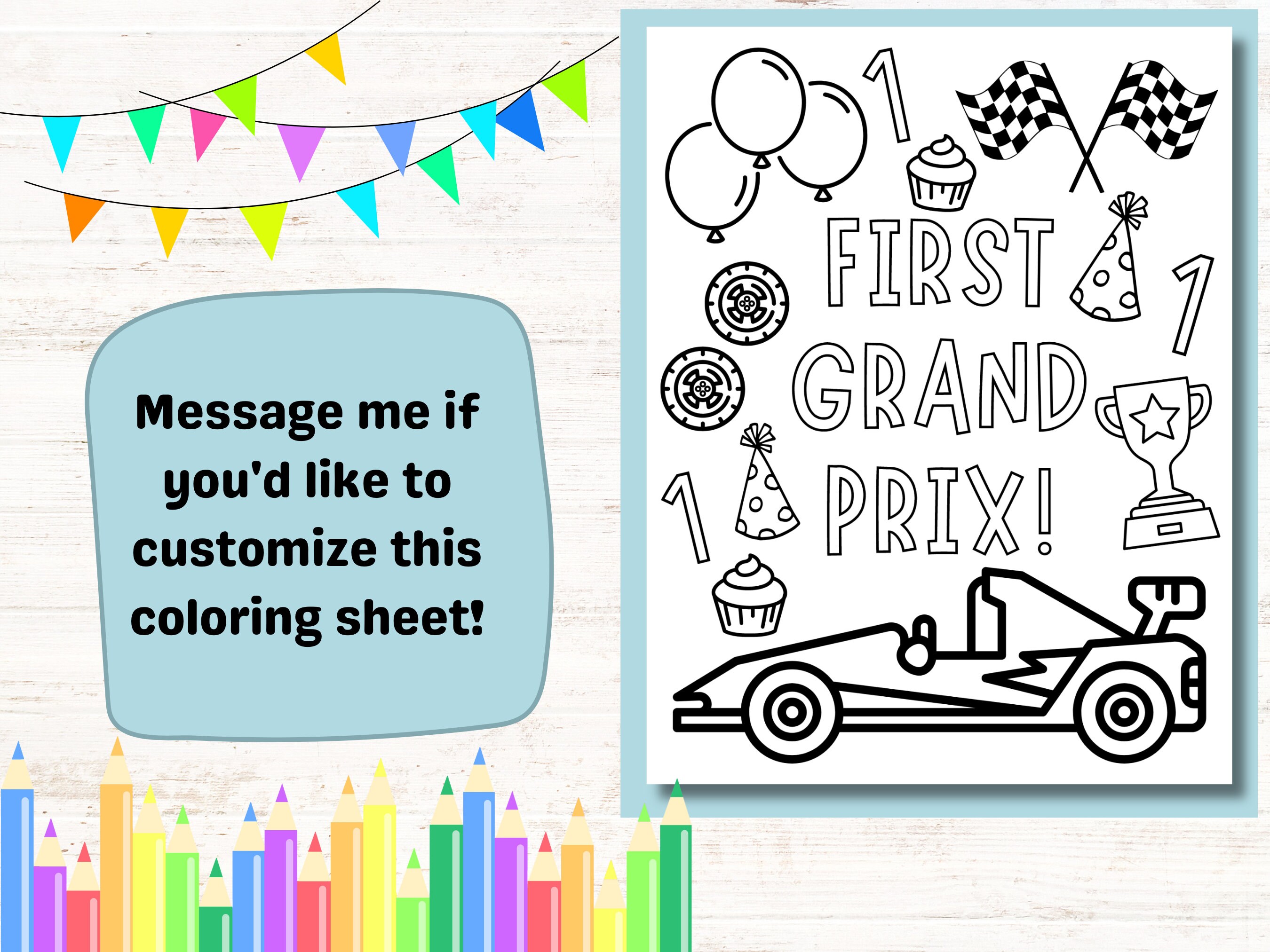 First Grand Prix Coloring Page Kids Birthday Party Activity - Etsy