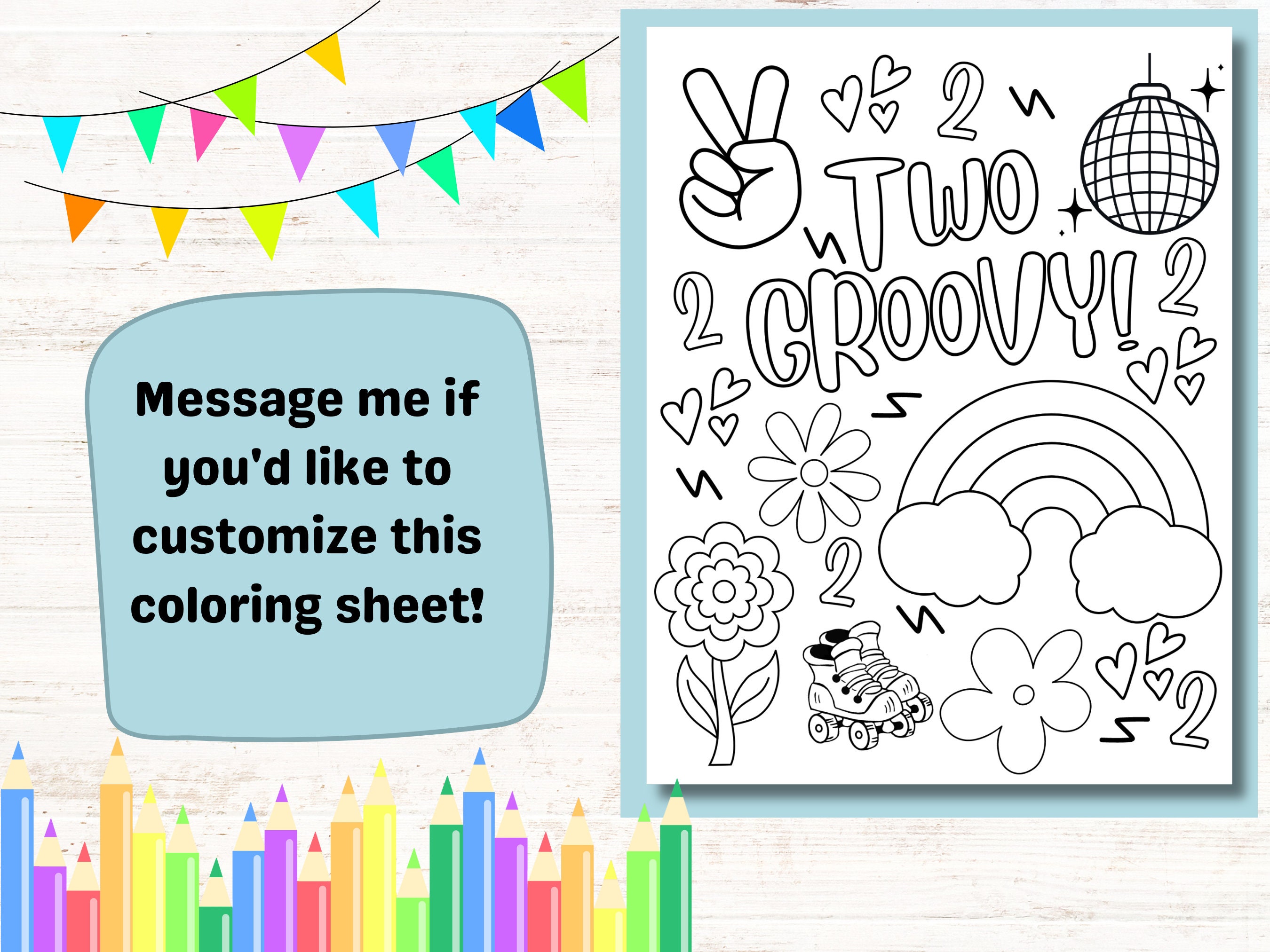 Two Groovy Coloring Sheet Kids Birthday Party Activity, Retro Theme 2nd ...