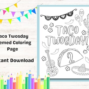Taco Twosday Coloring Sheet Kids Birthday Party Activity, Fiesta Theme 2nd Birthday Party, Kids Party Printable Taco Coloring Page