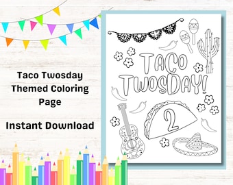 Taco Twosday Coloring Sheet Kids Birthday Party Activity, Fiesta Theme 2nd Birthday Party, Kids Party Printable Taco Coloring Page