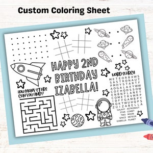 Space Birthday Activity Page for Kids Birthday Party, Space Birthday Party Favor, Kids Party Printable Coloring Game Sheet