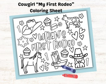 Custom My First Rodeo COWGIRL Coloring Page for Kids Birthday Party, Personalized Birthday Party Favor, Kids Party Printable 1 year old