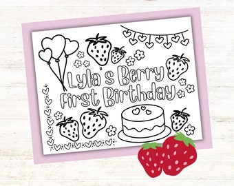 Custom My Berry First Birthday Coloring Page for Kids Birthday Party, Personalized Strawberry Party Favor, Kids Party Printable 1 year old