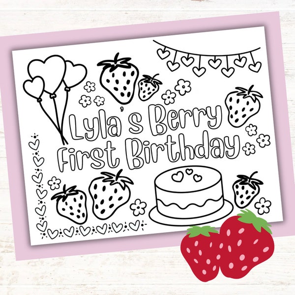 Custom My Berry First Birthday Coloring Page for Kids Birthday Party, Personalized Strawberry Party Favor, Kids Party Printable 1 year old