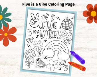 Five is a Vibe Coloring Sheet Kids Birthday Party Activity, Groovy Retro Theme 5th Birthday Party, Kids Party Printable Disco Coloring Page