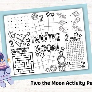 Two the Moon Activity Page for Kids Birthday Party, Space 2nd Birthday Party Favor, Kids Party Printable Coloring Game Sheet