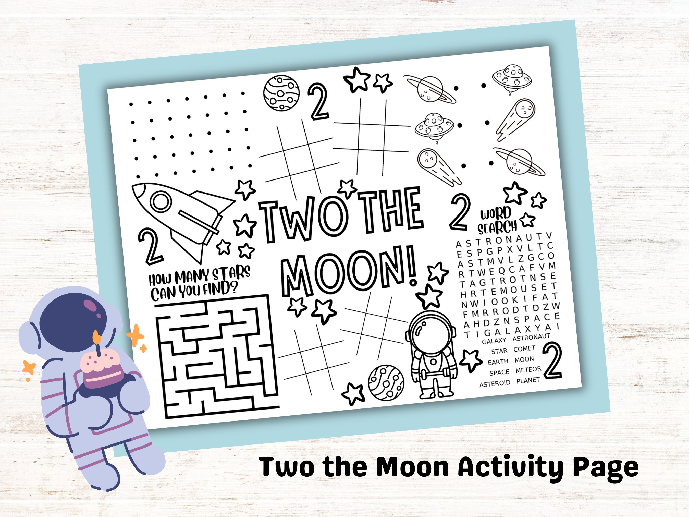 Two the Moon Activity Page for Kids Birthday Party, Space 2nd…