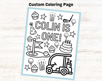 Custom Golf Birthday Coloring Page for Kids Party, Golf Themed Activity Sheet, First Second Third Fourth Birthday, Hole in One