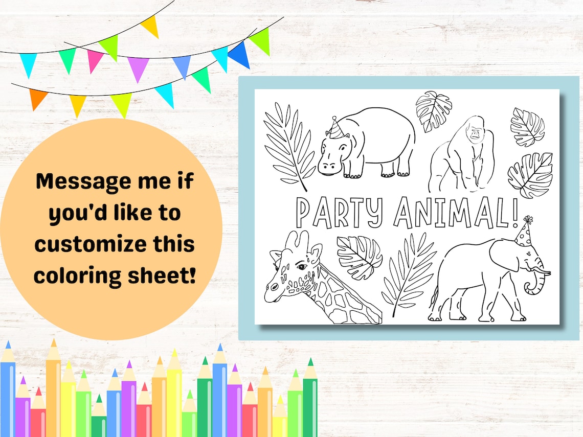 Party Animal Coloring Pages for Kids Birthday Party First Etsy